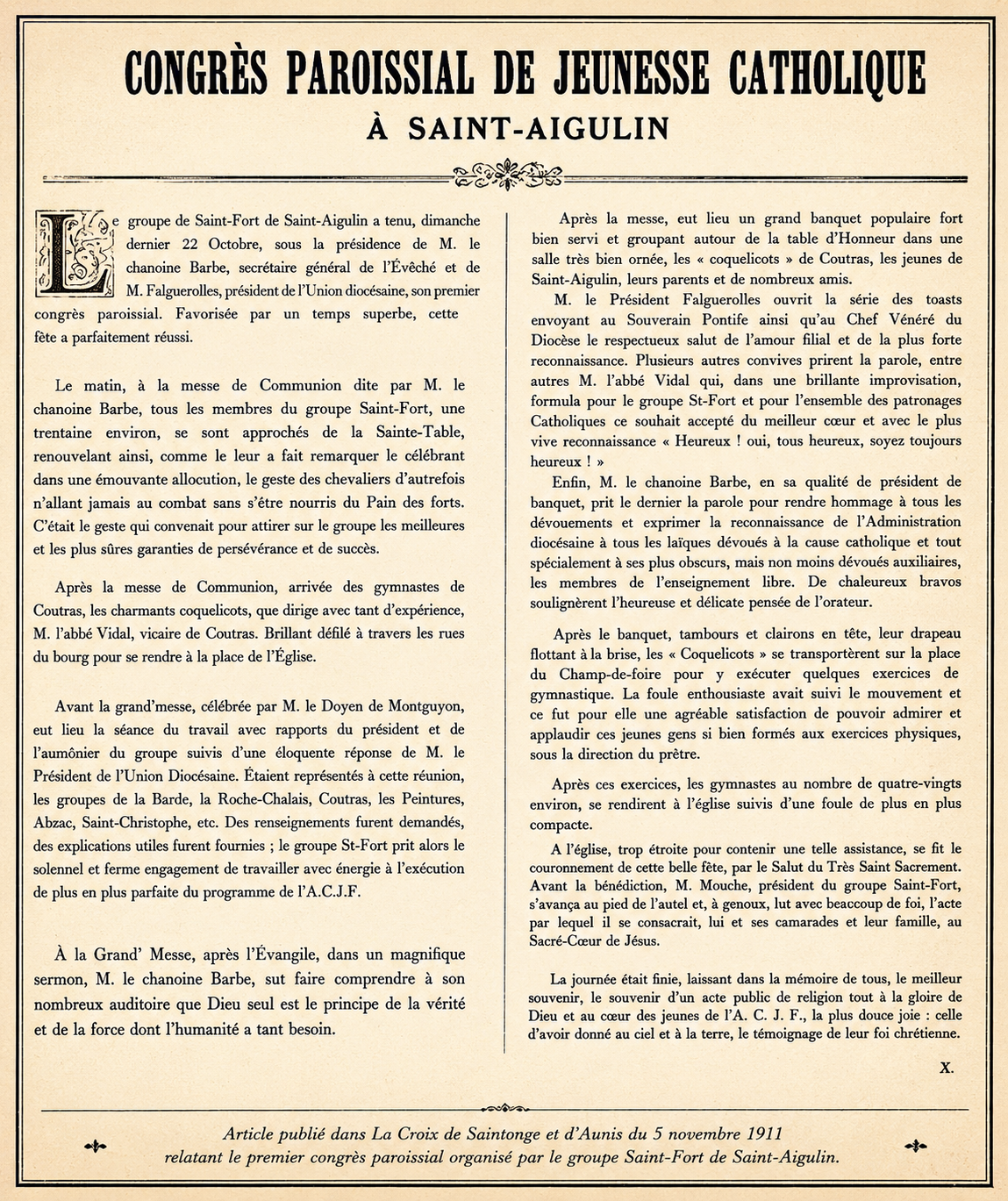 Congrès paroissial de Jeunesse catholique à Saint-Aigulin